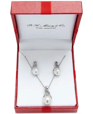 Cultured Freshwater Pearl (8 & 9mm) and Diamond Accent Pendant Necklace Earrings Set Sterling Silver or 14k Gold Over