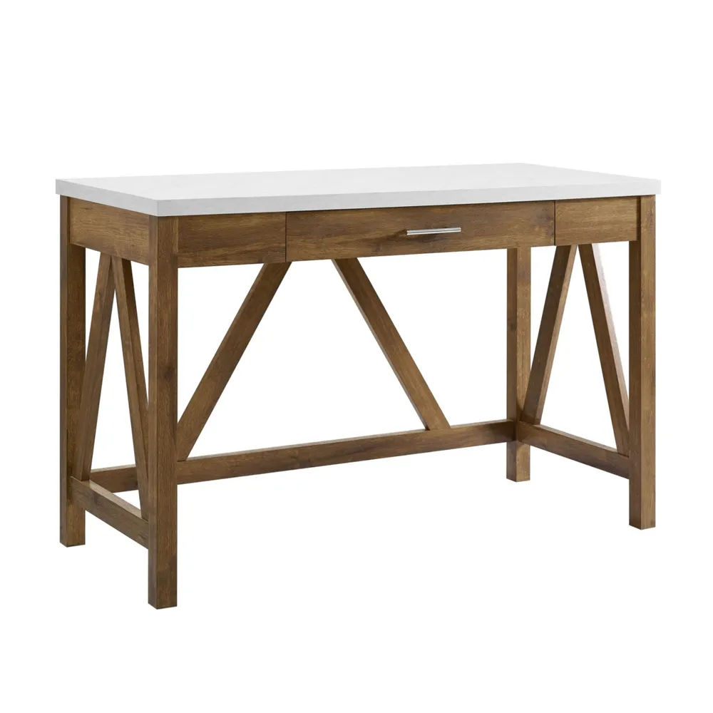 46" A-Frame Desk with White Faux-Marble Top and Walnut Base