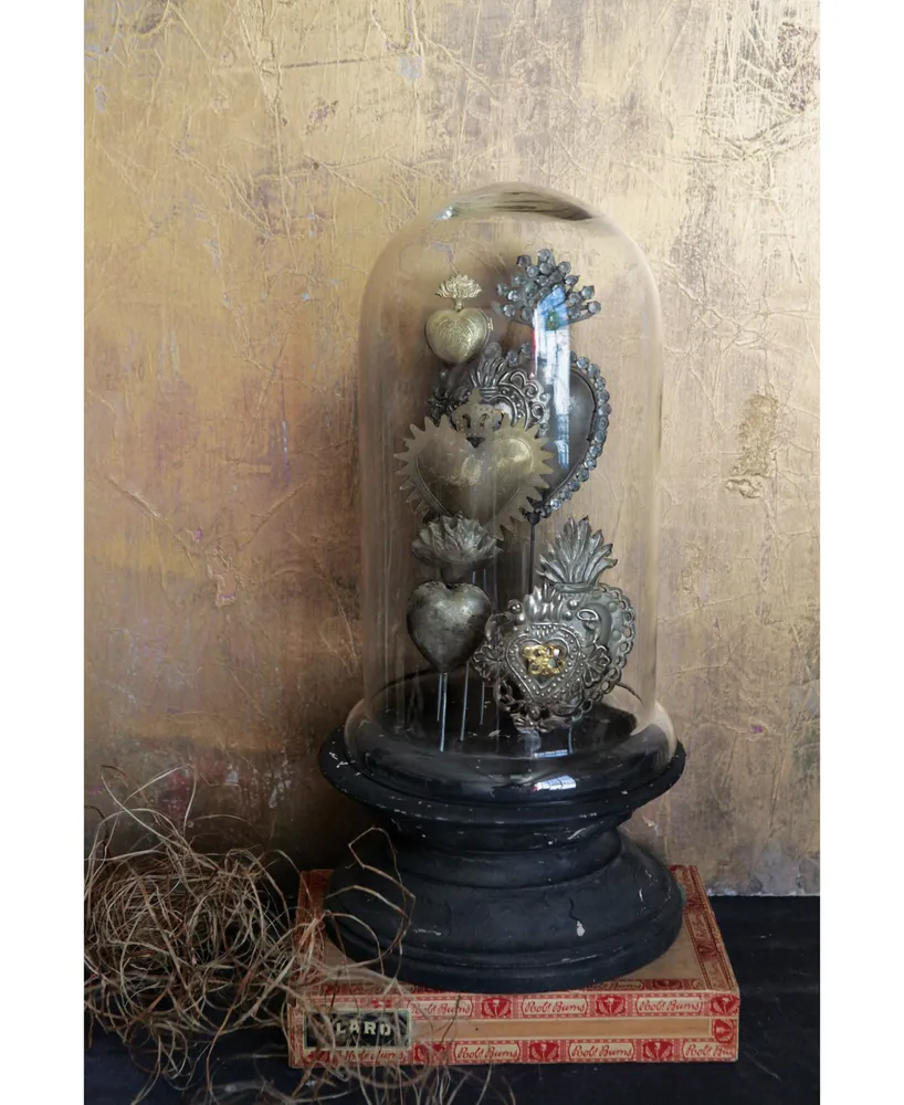Tin Sacred Hearts on Wood Pedestal with Glass Cloche
