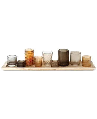 Round Glass Votive Holders on Wood Tray, Brown, Set of 10