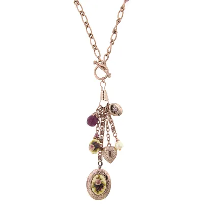 2028 Rose Gold-Tone Purple Crystal Heart and Locket Charm Toggle Necklace 20"