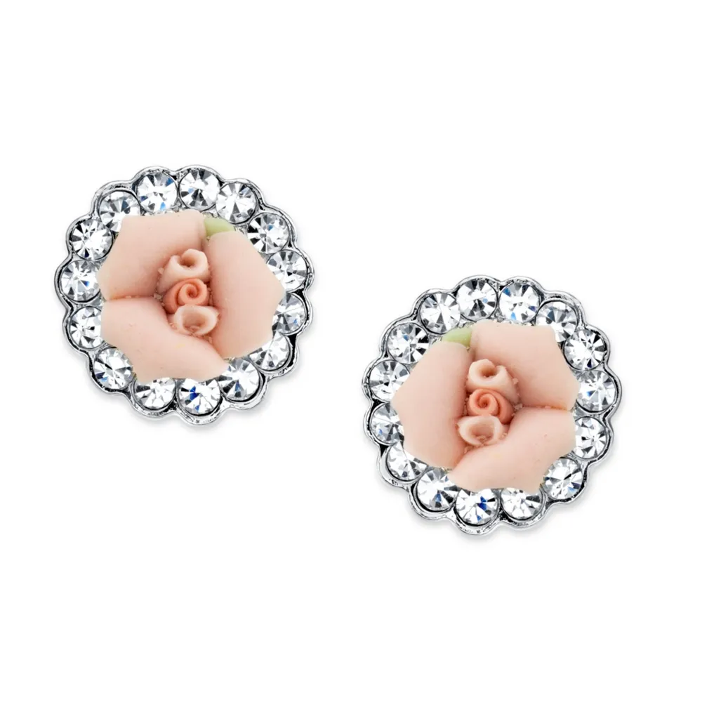 2028 Silver-Tone Crystal and Pink Porcelain Rose Button Earrings