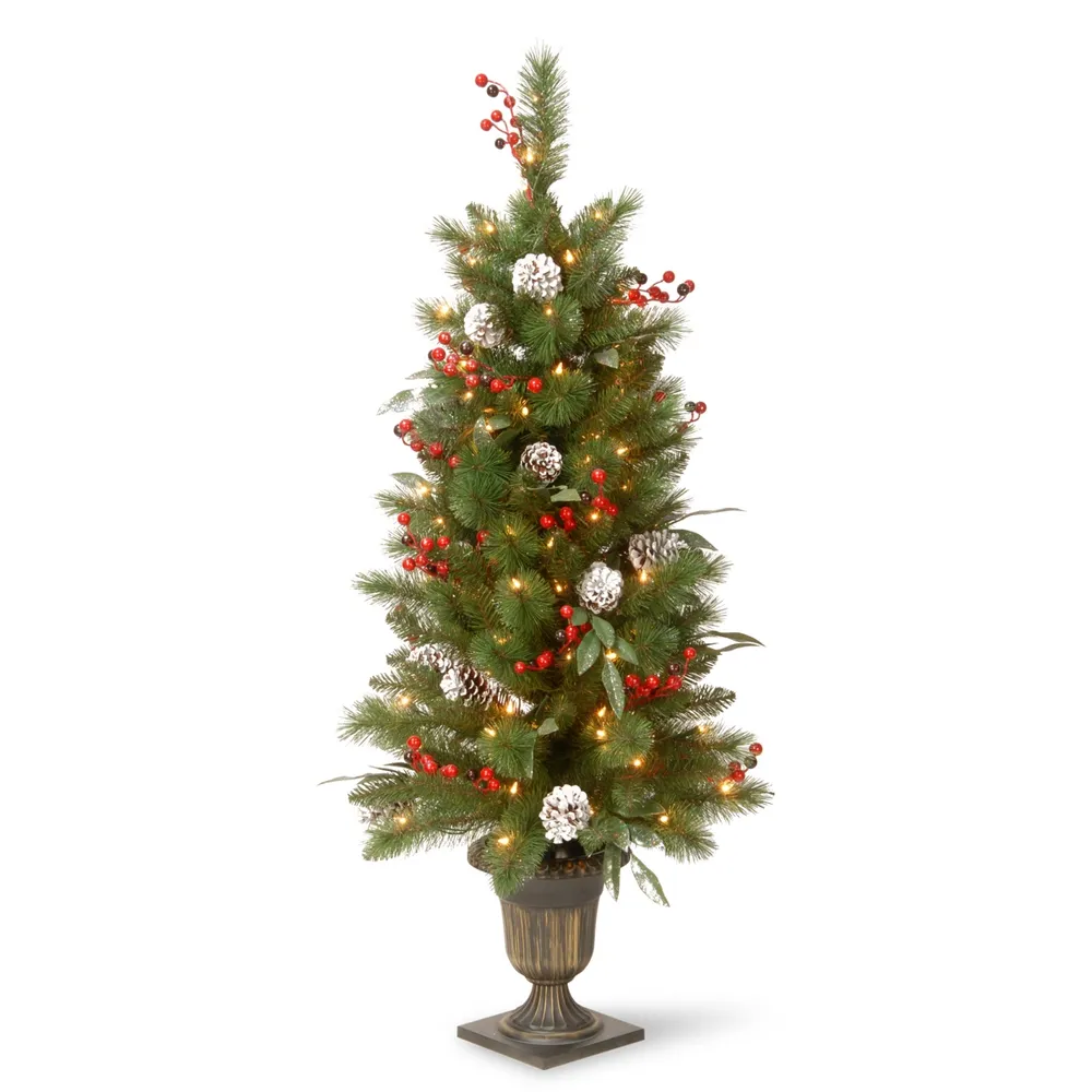 National Tree Company 4' Frosted Pine Berry Collection Entrance Tree with Cones, Red Berries & Clear Lights in Bronze Pot