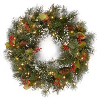 National Tree Company 24" Wintry Pine Wreath with Cones, Red Berries, Snowflakes and 50 Clear Lights