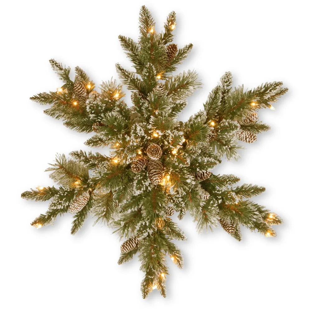 National Tree Company 32" Glittery Bristle Pine Snowflake with 21 White Tipped Cones & 50 Warm White Battery Operated Led Lights w/Timer