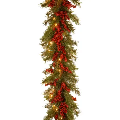 National Tree 9' X 14" Decorative Collection Valley Pine Garland with Red Berries and 50 Soft White Battery Operated LEDs with Timer