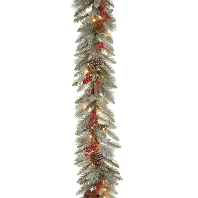 National Tree Company 9'x12" Feel Real Snowy Bristle Berry Garland with Red Berries, Mixed Cones & 50 Clear Lights