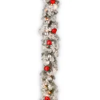 National Tree Company 9' Snowy Bristle Pine Garland with Red & Silver Ornaments & 70 Clear Lights