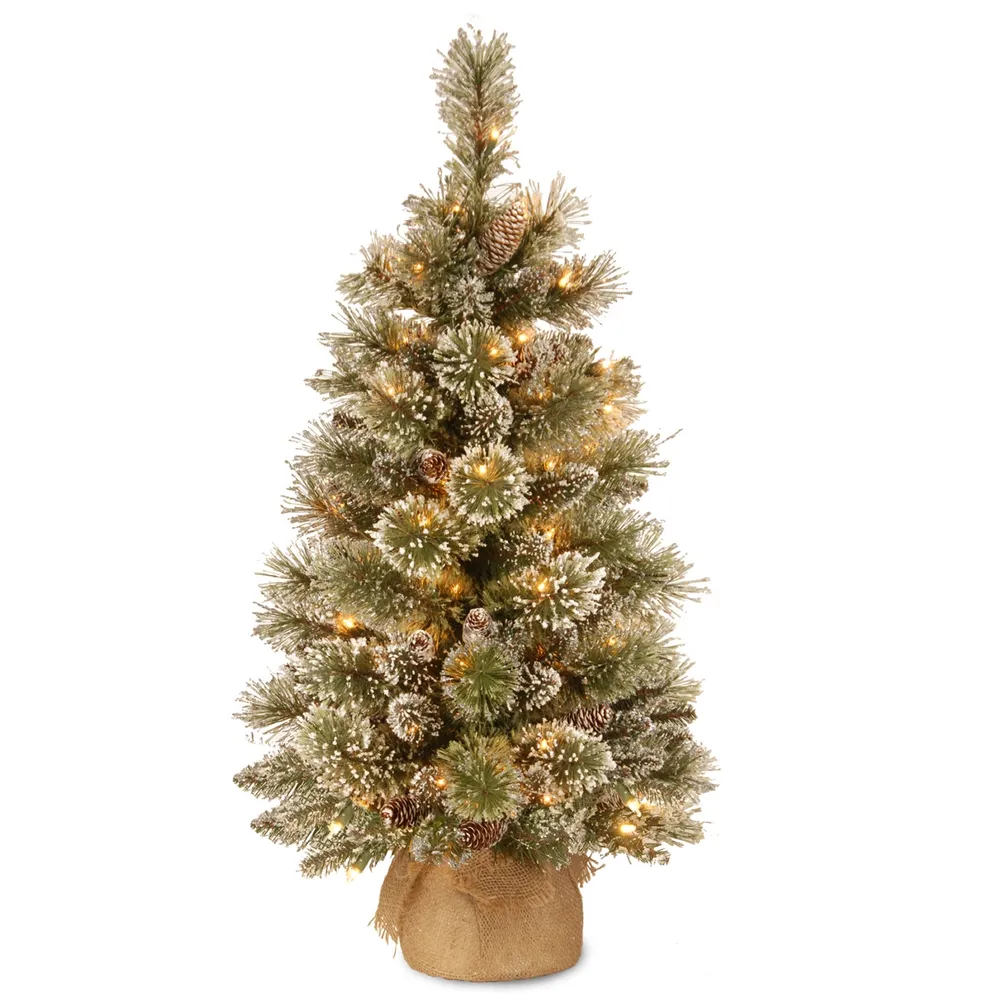 National Tree Company 3' Glittery Bristle Pine Burlap Tree with 7 White Tipped Cones & 35 Warm White Battery Operated Led Lights w/Timer