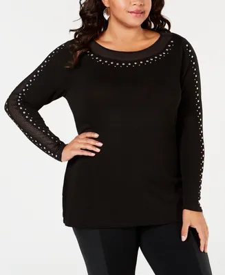 Belldini Plus Studded Mesh-Inset Tunic Sweater