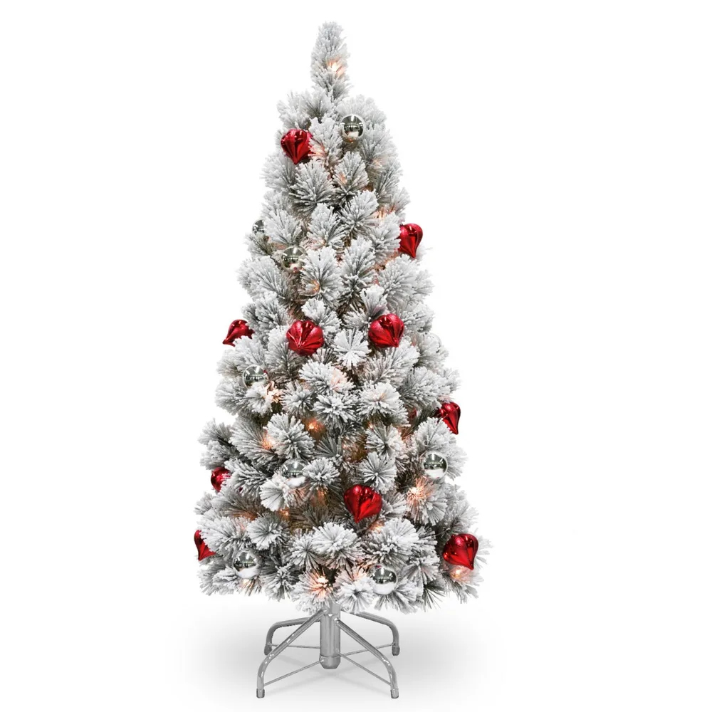 National Tree 4.5' Snowy Bristle Pine Tree with Red Silver Ornaments 150 Clear Lights