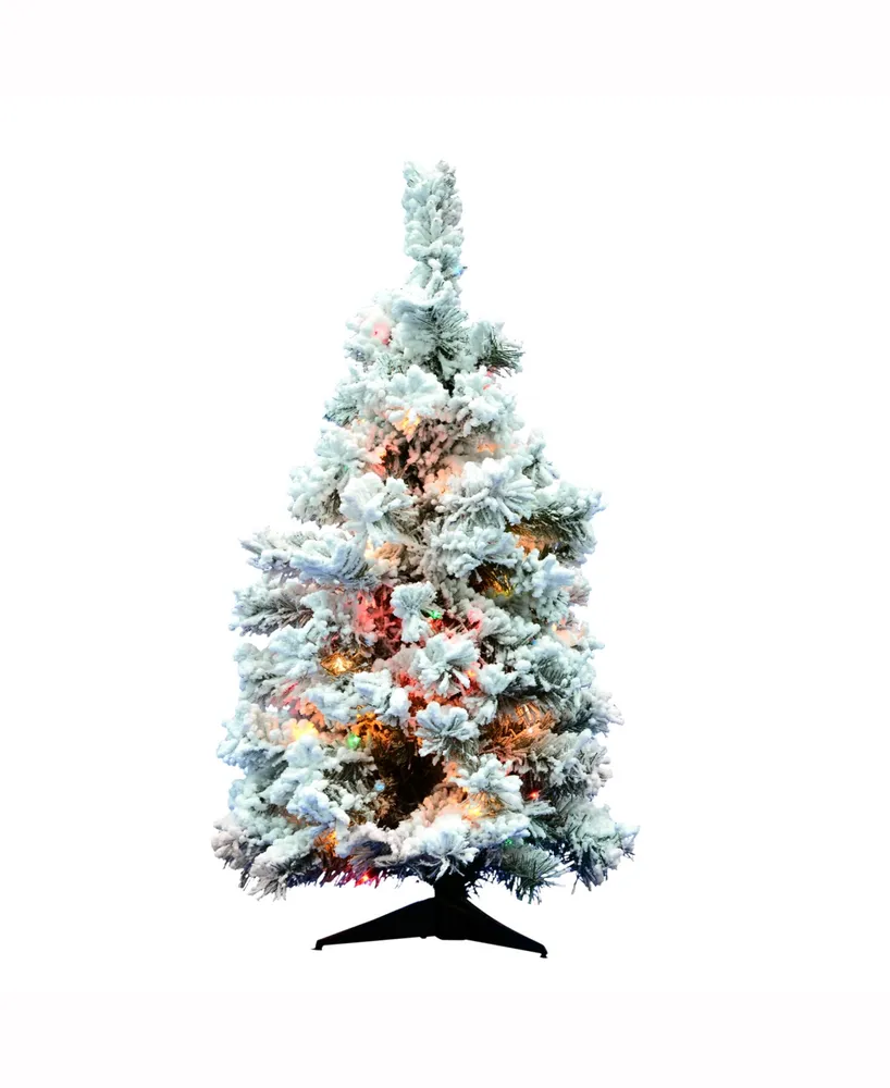 Vickerman 36 inch Flocked Alaskan Pine Artificial Christmas Tree With 100 Multi