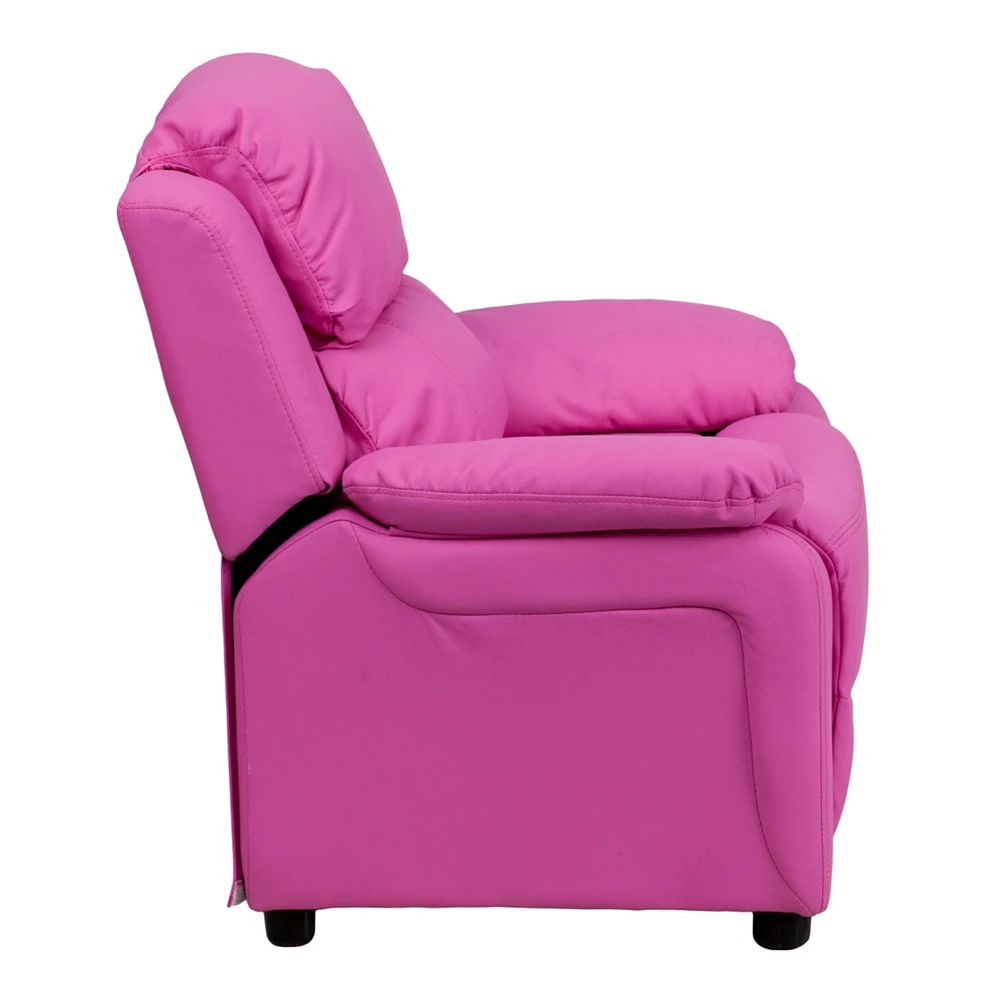 Deluxe Padded Contemporary Hot Pink Vinyl Kids Recliner With Storage Arms