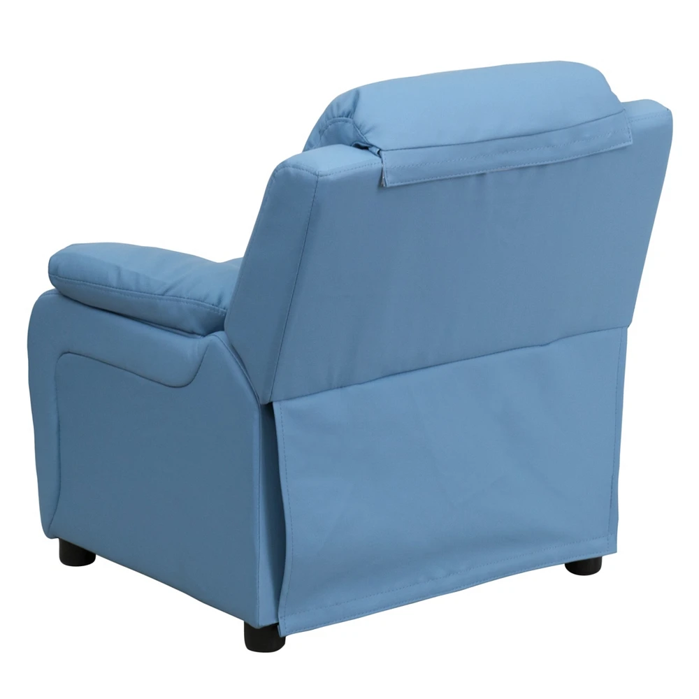 Deluxe Padded Contemporary Light Blue Vinyl Kids Recliner With Storage Arms