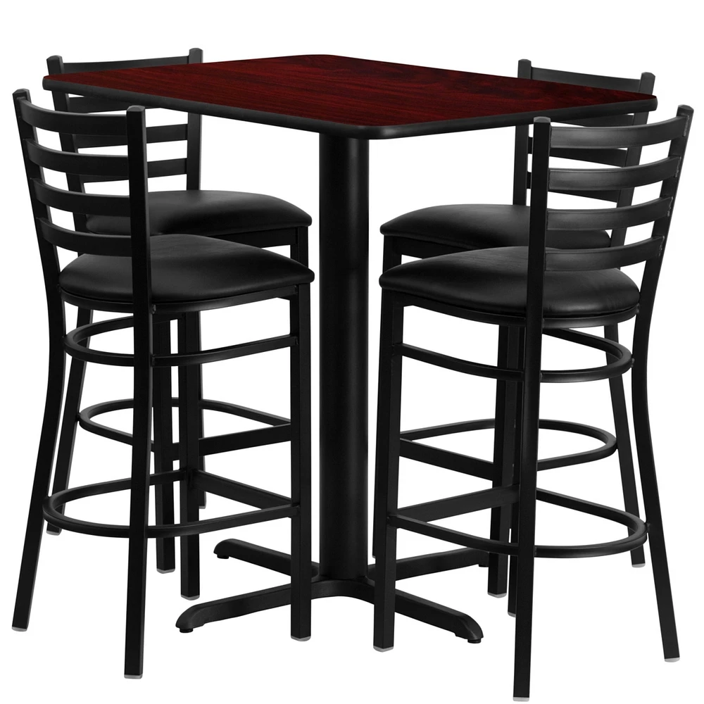 24''W X 42''L Rectangular Mahogany Laminate Table Set With 4 Ladder Back Metal Barstools - Black Vinyl Seat