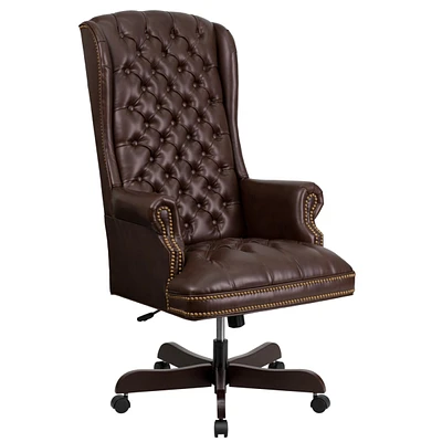 High Back Traditional Tufted Leather Executive Swivel Chair With Arms
