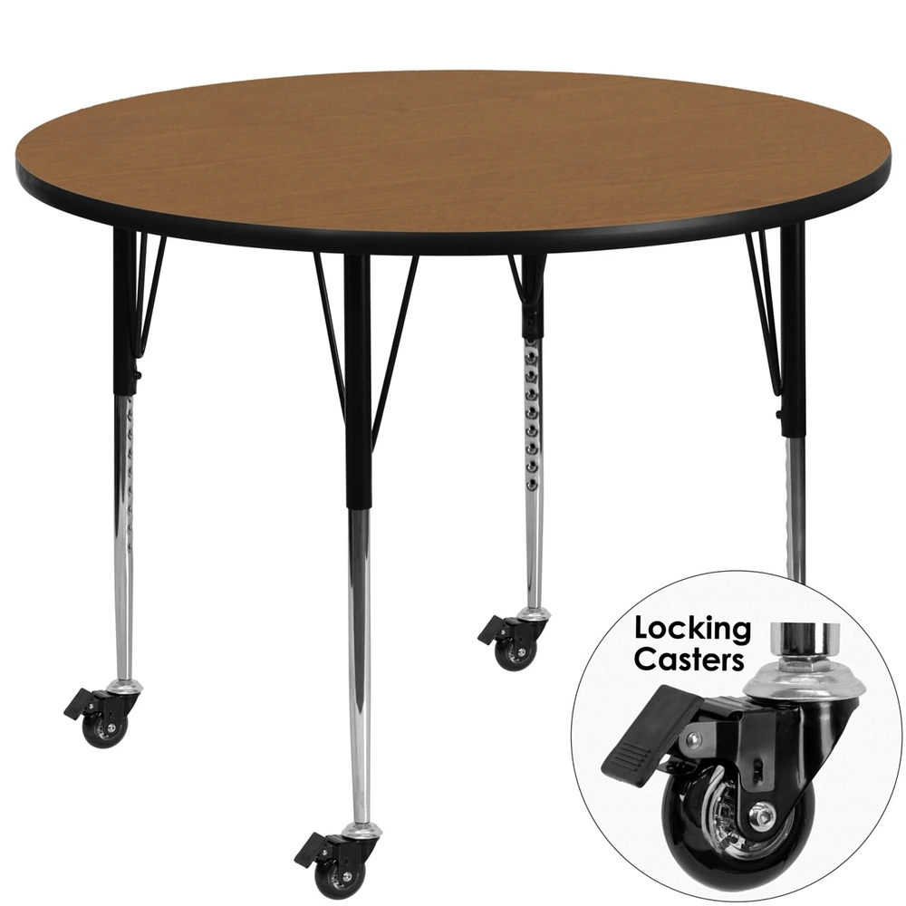 Mobile 48'' Round Oak Thermal Laminate Activity Table - Standard Height Adjustable Legs