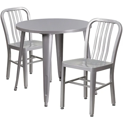 30'' Round Silver Metal Indoor-Outdoor Table Set With Vertical Slat Back Chairs