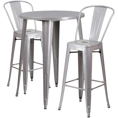 30'' Round Silver Metal Indoor-Outdoor Bar Table Set With Cafe Stools