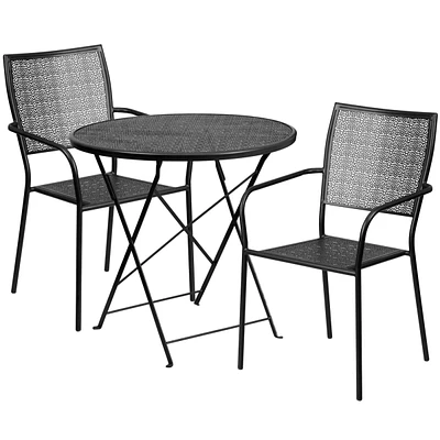 30'' Round Black Indoor-Outdoor Steel Folding Patio Table Set With Square Back Chairs