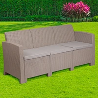 Light Gray Faux Rattan Sofa With All-Weather Light Gray Cushions