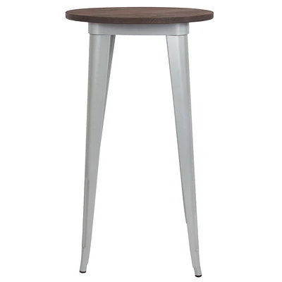 24" Round Silver Metal Indoor Bar Height Table With Walnut Rustic Wood Top