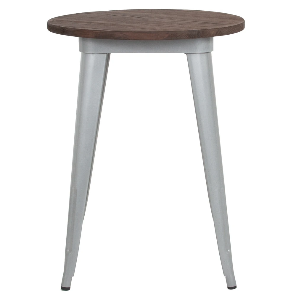 24" Round Silver Metal Indoor Table With Walnut Rustic Wood Top