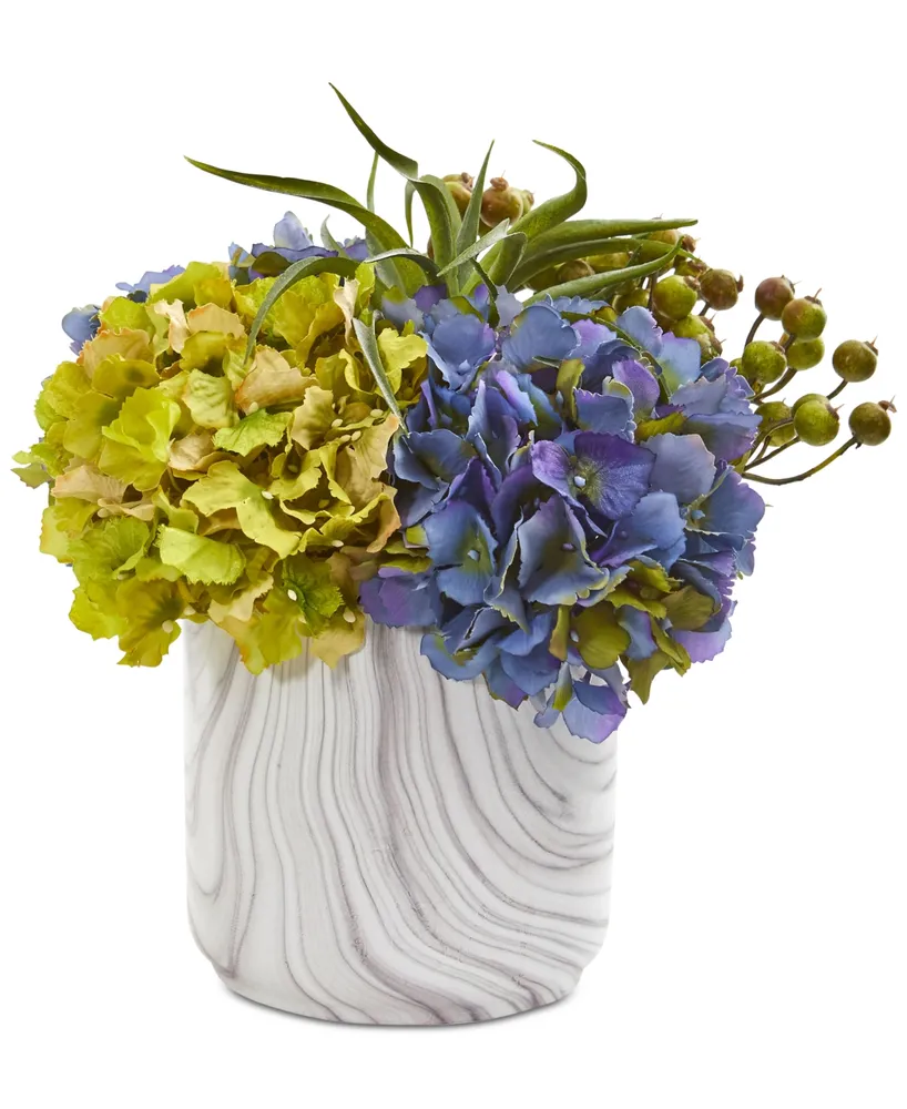 Nearly Natural Hydrangea & Berries Artificial Arrangement in Faux Marble Vase