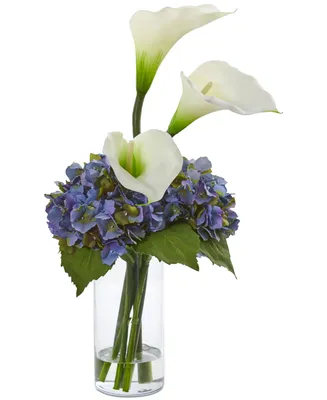 Nearly Natural Calla Lily & Hydrangea Artificial Arrangement in Clear Vase
