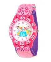 Disney Princess Jasmine, Sleeping Beauty, Belle, Cinderella, Ariel, Snow White and Tiana Girls' Pink Plastic Time Teacher Watch