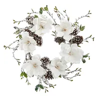 Nearly Natural 24" Snowed Magnolia & Pine Cone Wreath