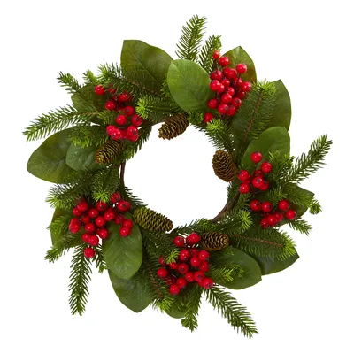 Nearly Natural 19" Magnolia Leaf, Berry & Pine Artificial Wreath