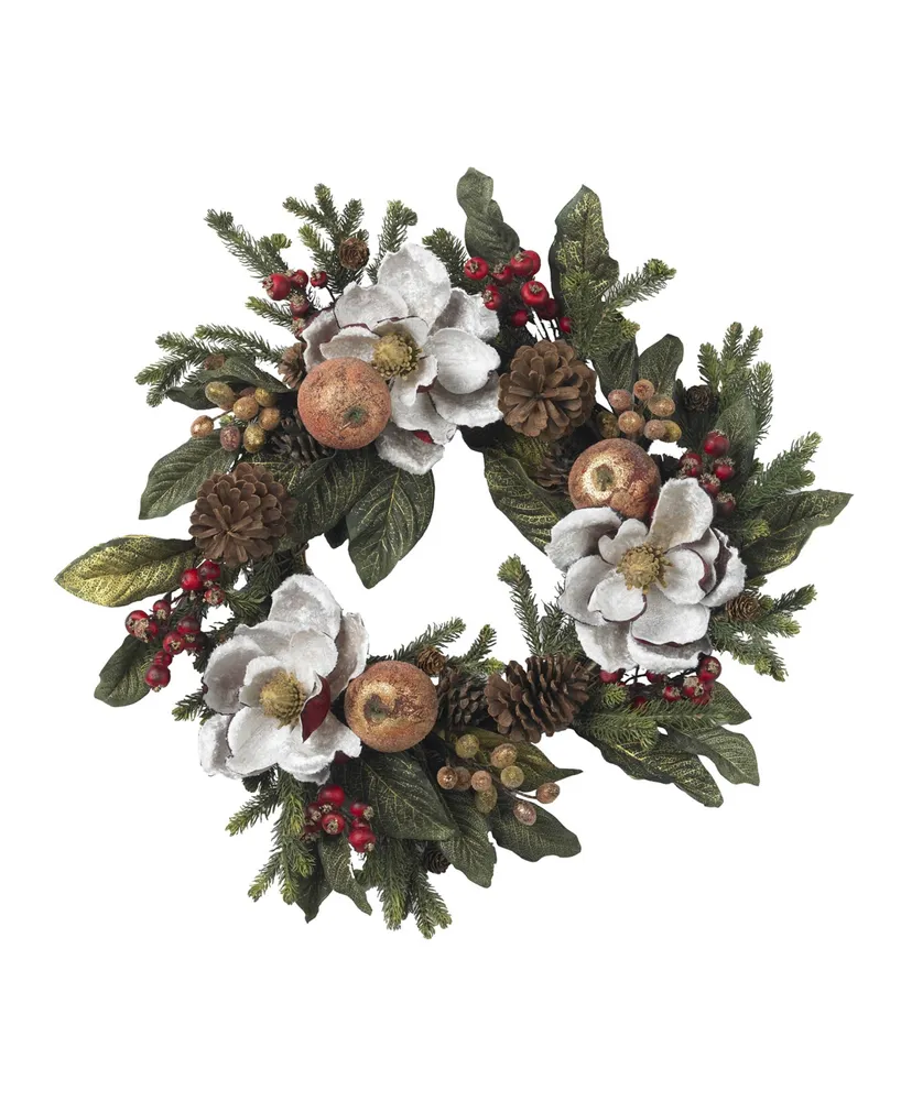 Nearly Natural 24" Magnolia Pinecone and Berry Wreath