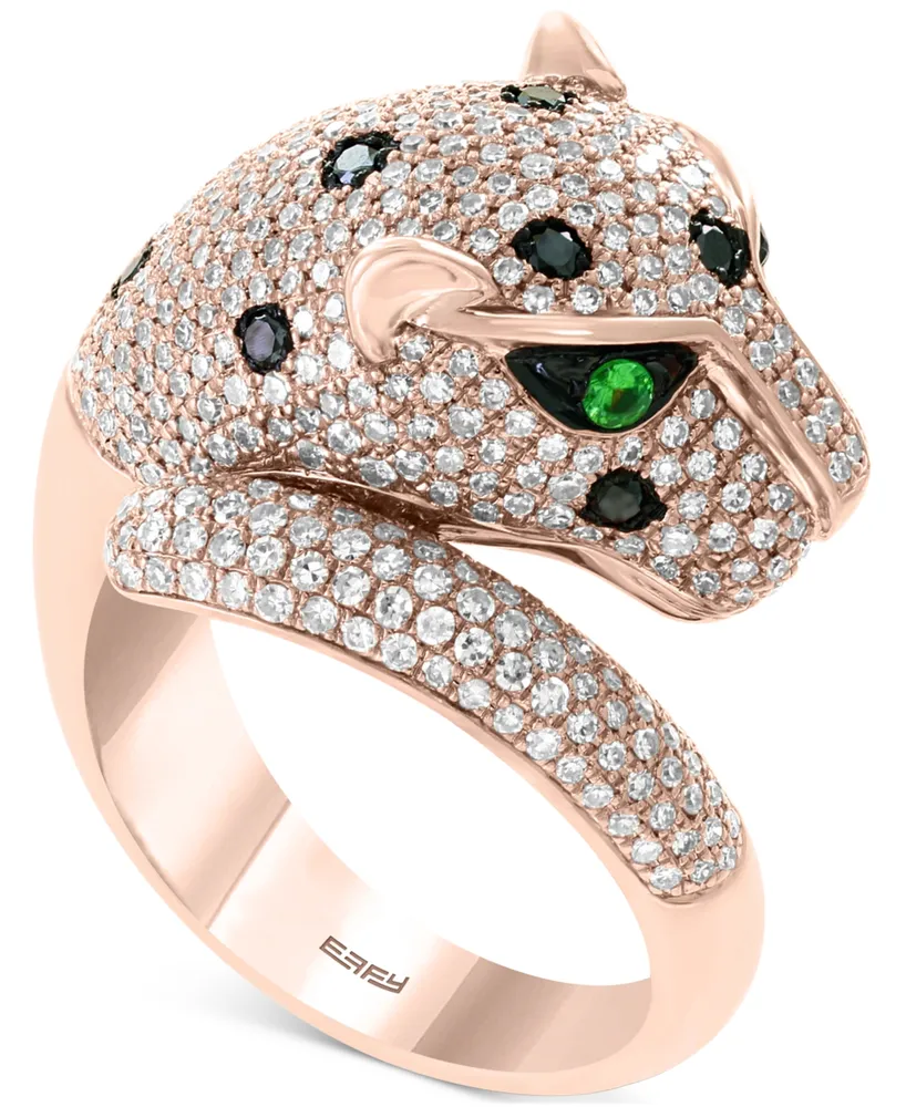 Effy Black & White Diamond (1-1/2 ct. t.w.) & Tsavorite (1/20 ct. t.w.) Signature Panther Ring in 14k Gold & Rose Gold