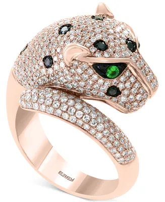 Effy Black & White Diamond (1-1/2 ct. t.w.) & Tsavorite (1/20 ct. t.w.) Signature Panther Ring in 14k Rose Gold