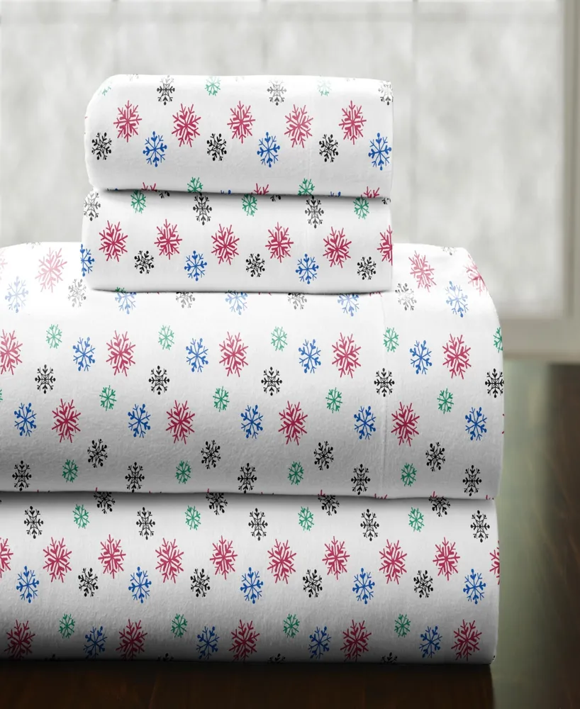 Pointehaven Bright Snowflake Heavy Weight Cotton Flannel Sheet Set