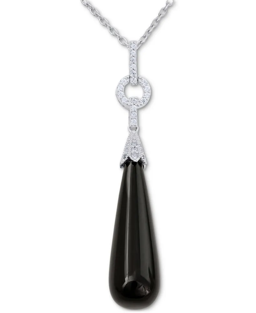 Black Agate & Cubic Zirconia 18" Pendant Necklace in Sterling Silver