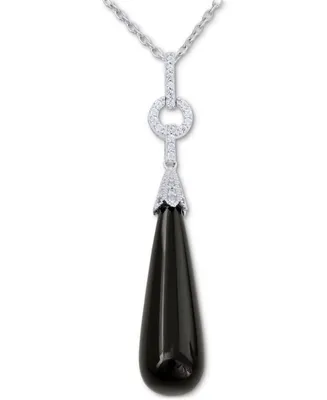 Black Agate & Cubic Zirconia 18" Pendant Necklace in Sterling Silver