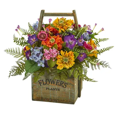 Nearly Natural Mixed Floral Artificial Arrangement in Wood Basket