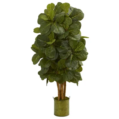 Nearly Natural 4.5' Fiddle Leaf Artificial Tree in Green Tin Planter