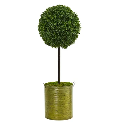 Nearly Natural 2.5' Boxwood Topiary Artificial Tree in Green Tin Uv Resistant