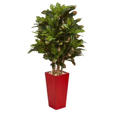 Nearly Natural 4' Croton Artificial Plant in Red Planter