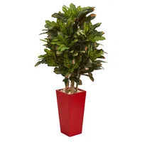 Nearly Natural 4' Croton Artificial Plant in Red Planter