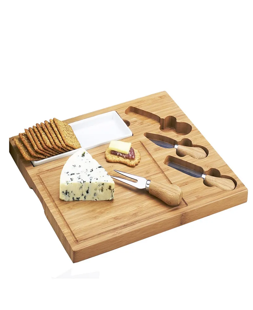 Picnic at Ascot Celtic Bamboo Cheese Board with Ceramic Dish and 3 Cheese Tools