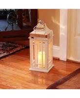 Lumabase White Wooden Lantern with Chrome Roof and Led Candle