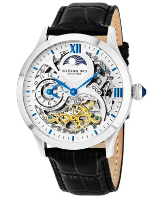 Stuhrling Original Stainless Steel Case on Black Alligator Embossed Genuine Leather Strap, White Skeletonized Dial, With Blue, Gold Tone, and Black Ac