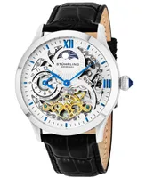 Stuhrling Original Stainless Steel Case on Black Alligator Embossed Genuine Leather Strap, White Skeletonized Dial, With Blue, Gold Tone, and Black Ac