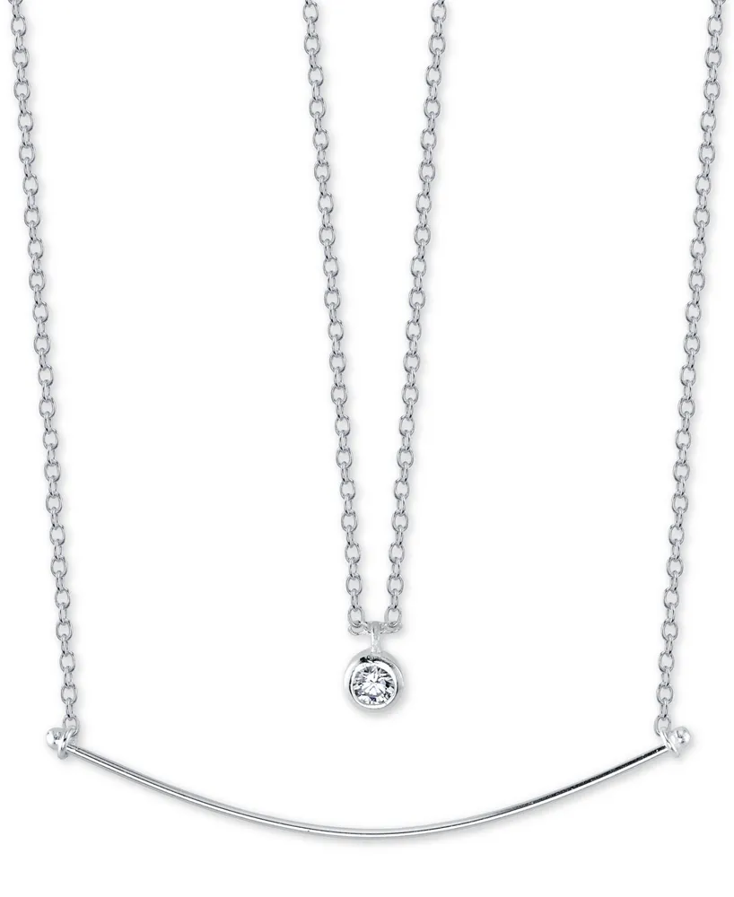 Unwritten Cubic Zirconia Pendant & Curved Bar Layered Necklace in Sterling Silver, 16" + 2" extender