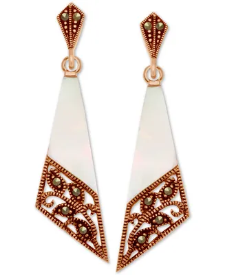 Marcasite & Mother-of-Pearl Filigree Drop Earrings in Rose Gold-Plate