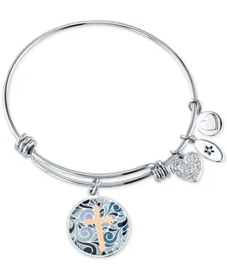 Unwritten Cross Message & Heart Charm Bangle Bracelet in Stainless Steel & Rose Gold-Tone with Silver Plated Charms - Two